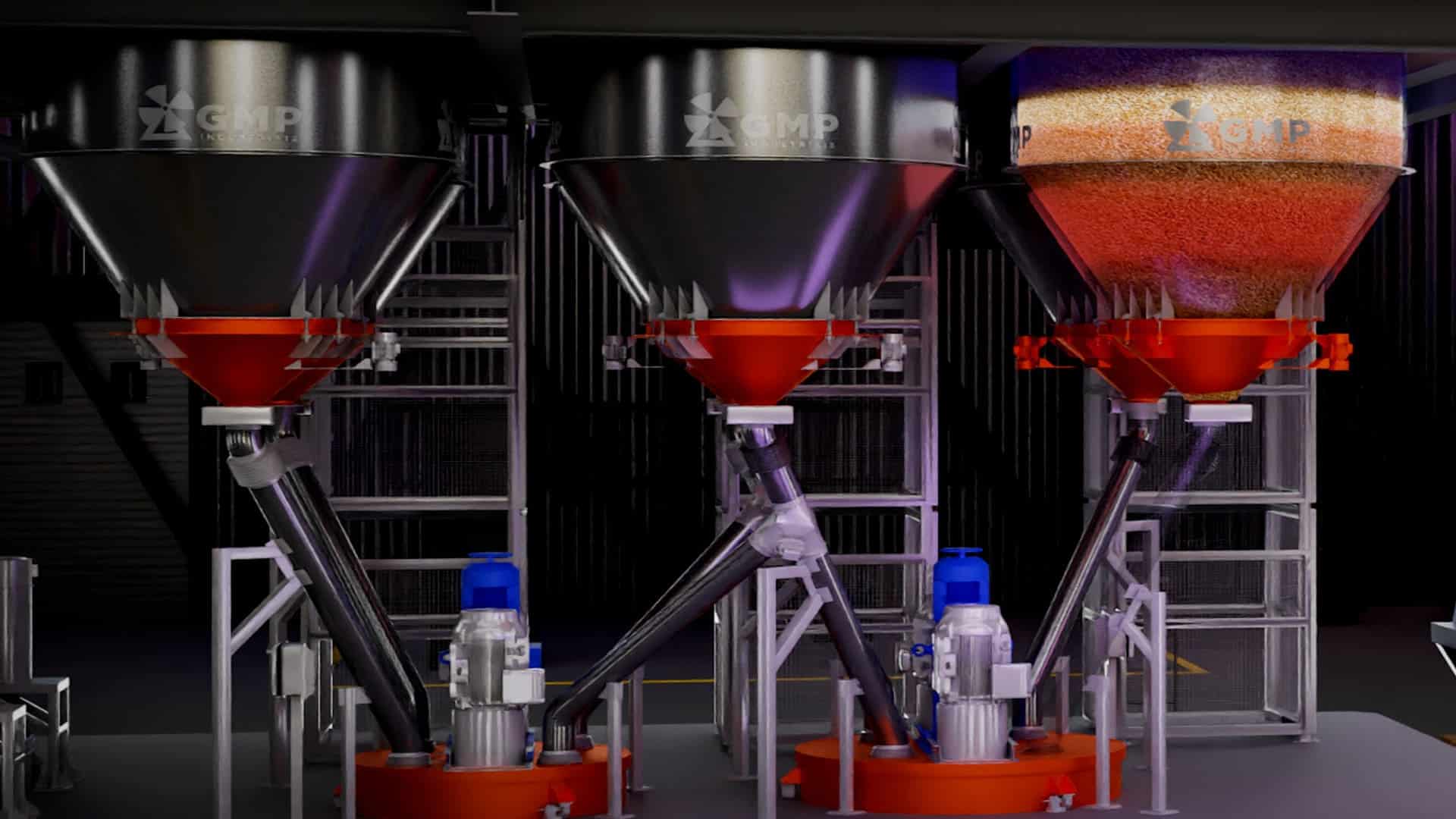 Animação 3D Industrial: Automação e Transporte de Grãos em Silo e Moega