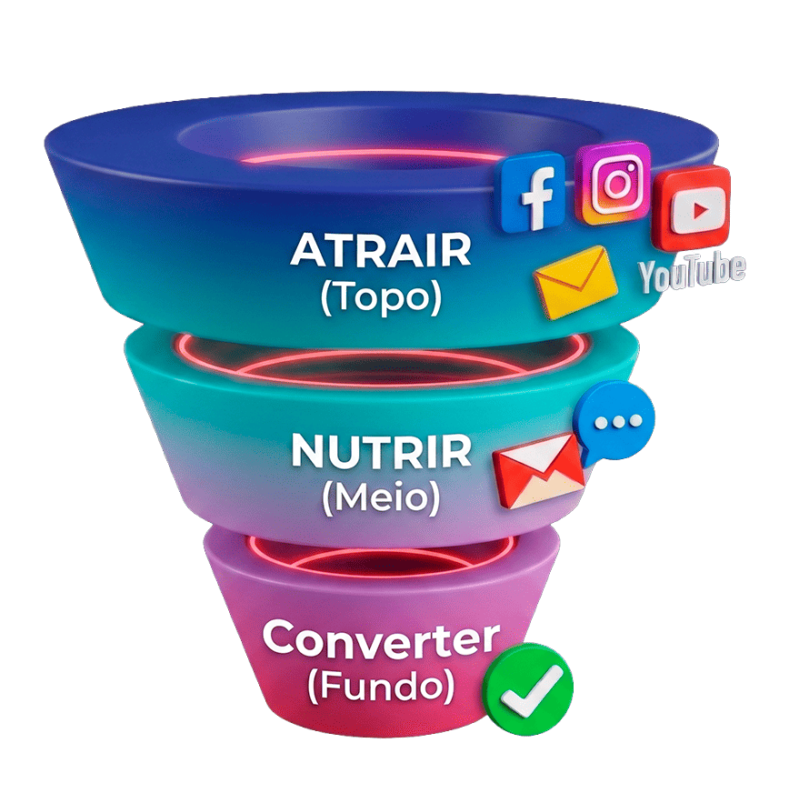 Ilustração de funil de vendas estratégico para consultoria RD Station e automação de marketing, mostrando as etapas de atrair, nutrir e converter leads.
