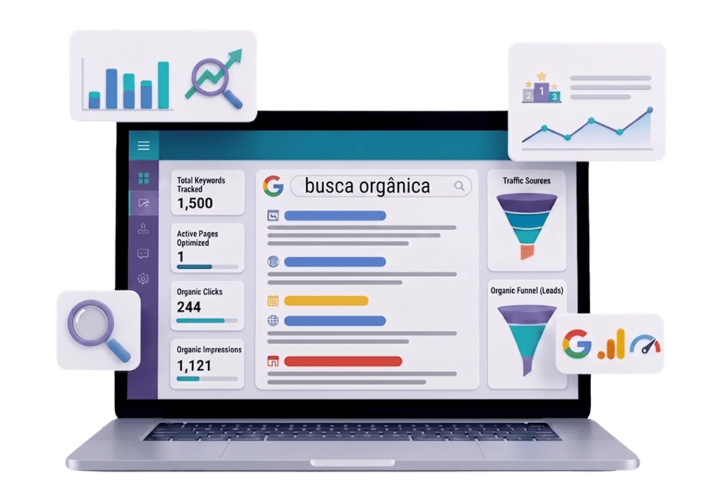 Mockup de notebook exibindo resultados de busca orgânica do Google e gráficos de métricas para consultoria SEO