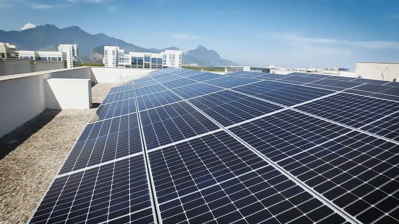 Exemplo de produção de vídeo institucional com imagens aéreas de drone em projeto de energia solar.