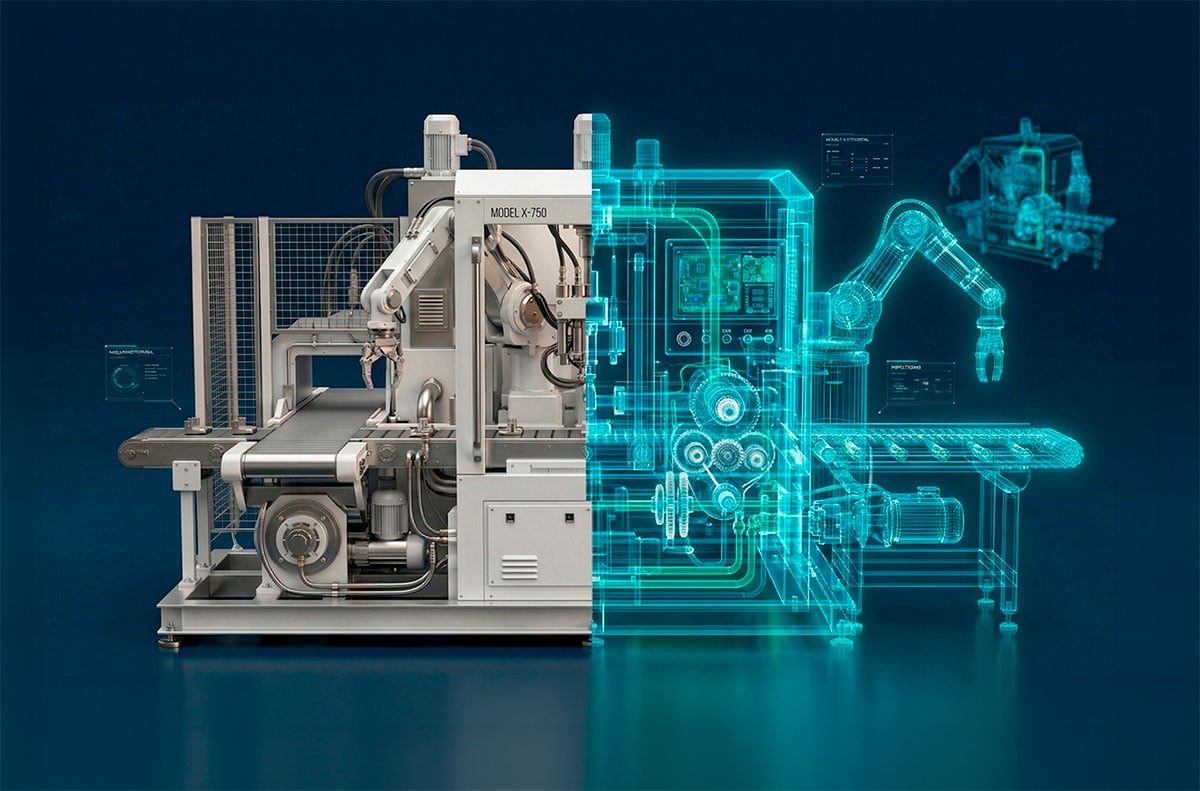 Exemplo de animação 3D profissional para simulação de produtos e processos industriais de alta fidelidade.