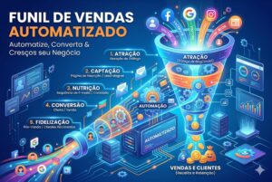 Infográfico detalhando as 5 etapas do funil de vendas automatizado: Atração, Captação, Nutrição, Conversão e Fidelização para marketing digital.