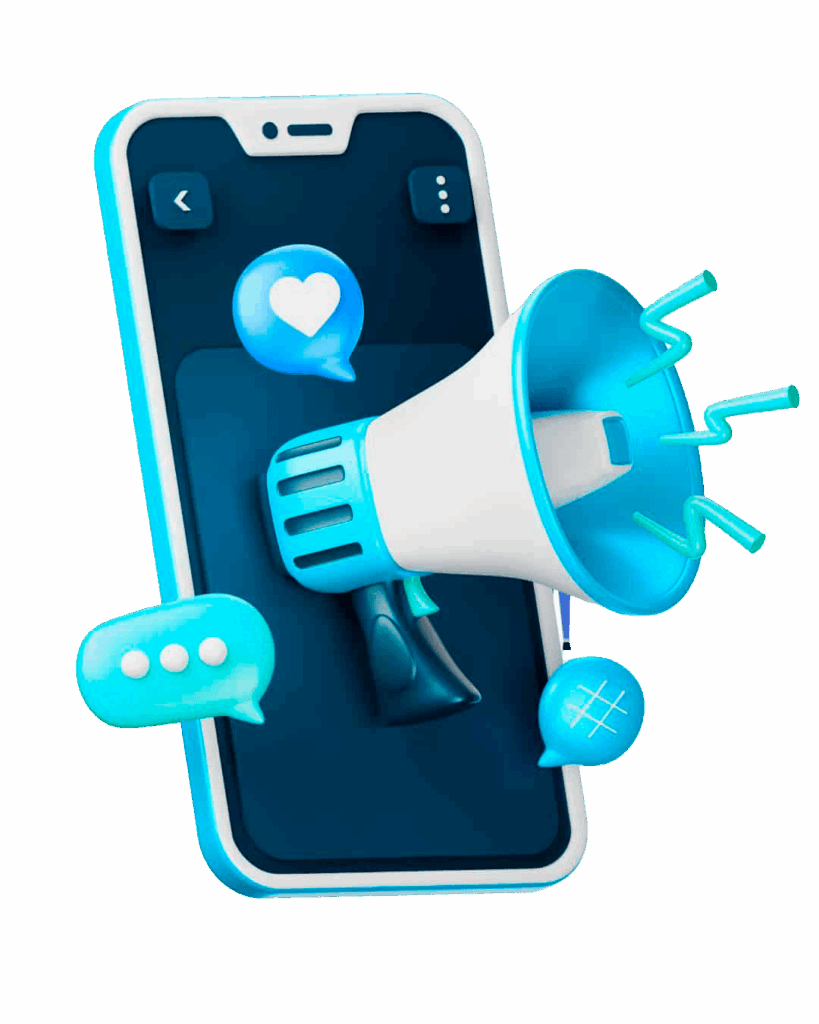 Ilustração 3D de smartphone com megafone e ícones de interação, representando o serviço de gestão de redes sociais.
