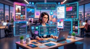 Especialista em gestão de redes sociais analisando métricas e criação de conteúdo em ambiente digital de alta tecnologia.