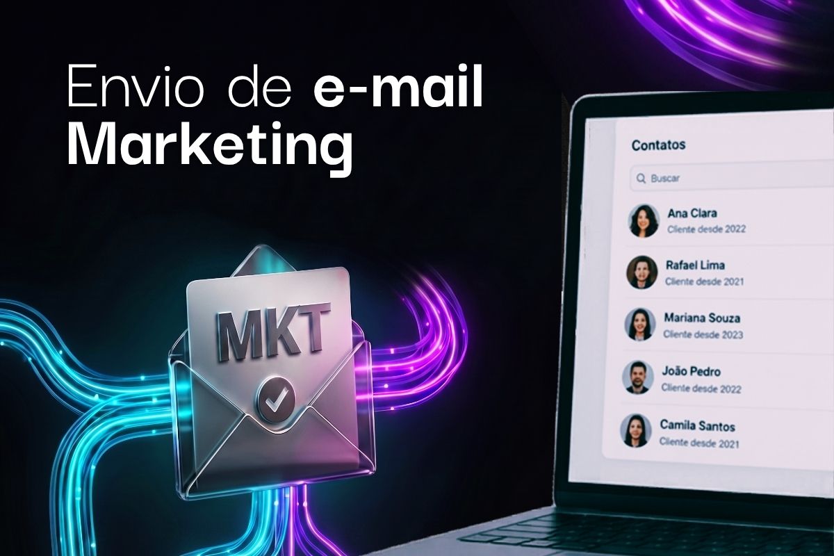 Infográfico sobre envio de e-mail marketing mostrando uma tela de laptop com lista de contatos e um envelope digital