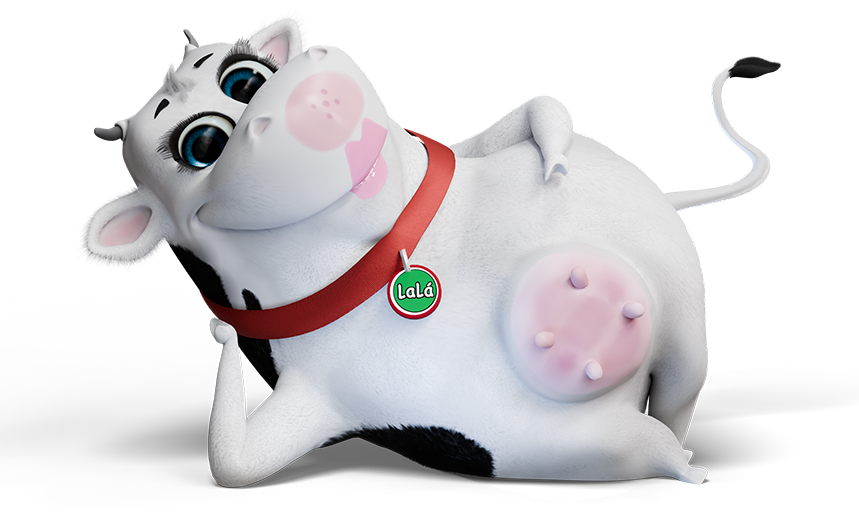 Modelagem 3D do mascote de vaquinha Lá Lá para personificação de marca de alimentos - DGN Publicidade
