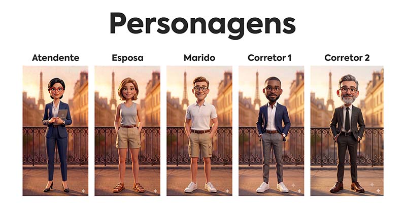 Modelos de **5** personagens criados com inteligência artificial pela DGN Publicidade, representando a atendente, a esposa, o marido e os **2** corretores desenvolvidos para a produção do vídeo.