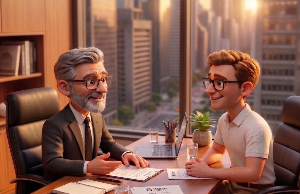Dois personagens animados em 3D conversando em um escritório executivo, representando a criação de vídeos com IA da DGN Publicidade para o mercado corporativo.