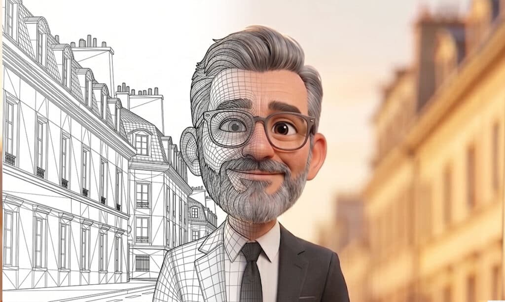 Comparativo entre a malha de wireframe da modelagem 3D tradicional e a renderização final de um mascote corporativo.