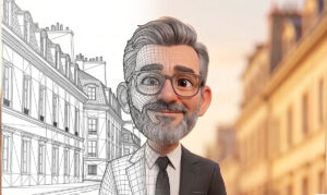 Comparativo entre a malha de wireframe da modelagem 3D tradicional e a renderização final de um mascote corporativo.