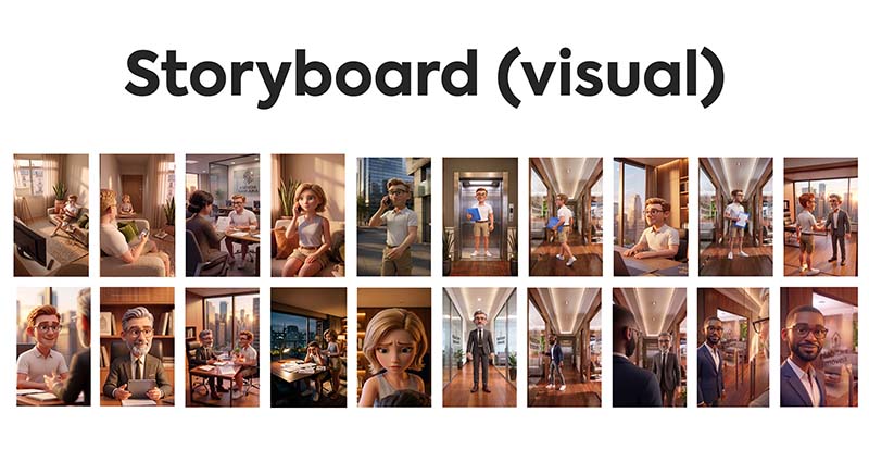 Storyboard visual com **20** quadros sequenciais desenvolvidos por inteligência artificial para demonstrar o planejamento de cena e a continuidade de um vídeo publicitário corporativo.