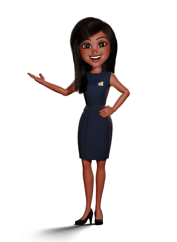 Mascote 3D feminina em estilo Pixar para empresas e atendimento corporativo, criada pela DGN Publicidade.