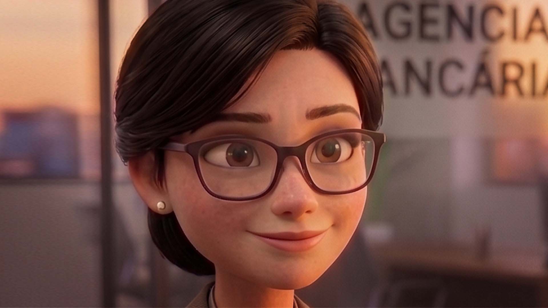 Close em rosto de personagem 3D feminina com óculos sorrindo em uma agência bancária, criada com Inteligência Artificial pela DGN Publicidade.