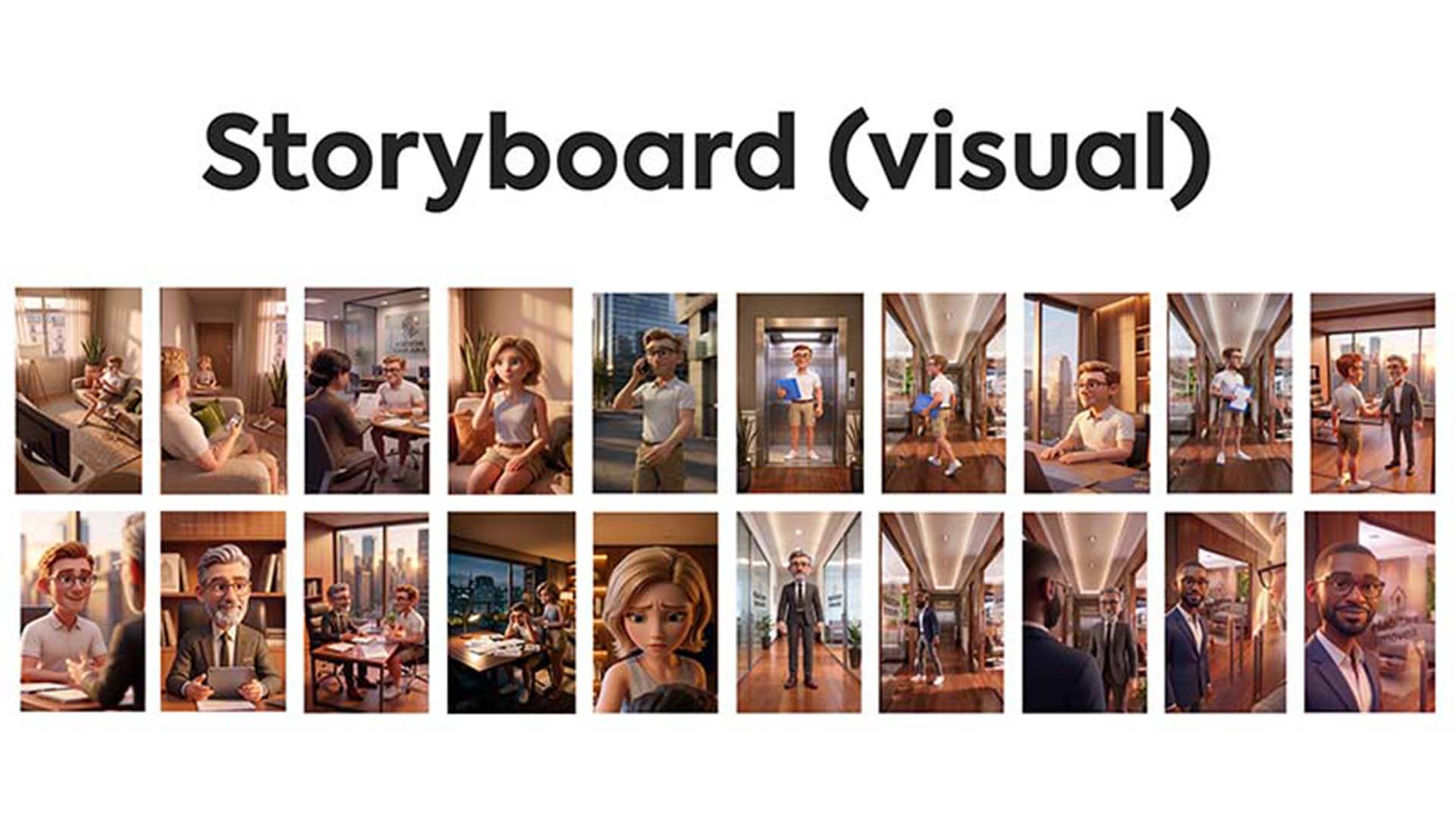 Grid com 16 frames de um storyboard visual gerado por IA para animação de vídeo da DGN Publicidade.