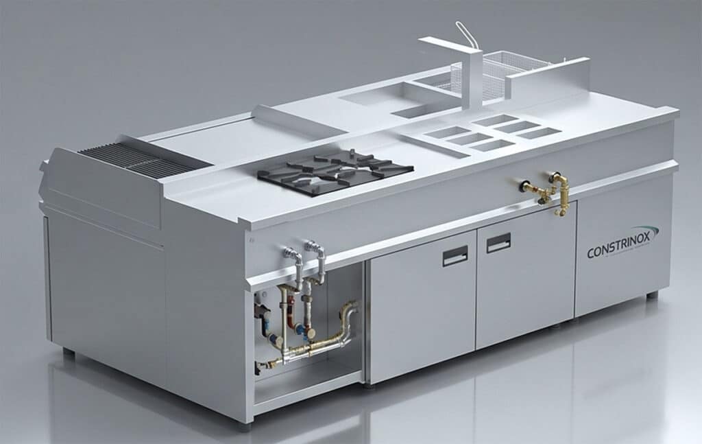 Vista traseira em 3D de um equipamento de cozinha industrial mostrando o detalhamento técnico da tubulação interna e válvulas de conexão.